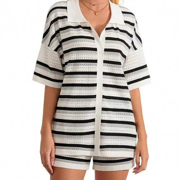 Black Casual Women's Stripe Contrast Button Crochet Knit Tops & Shorts Set - Picture 5 of 10